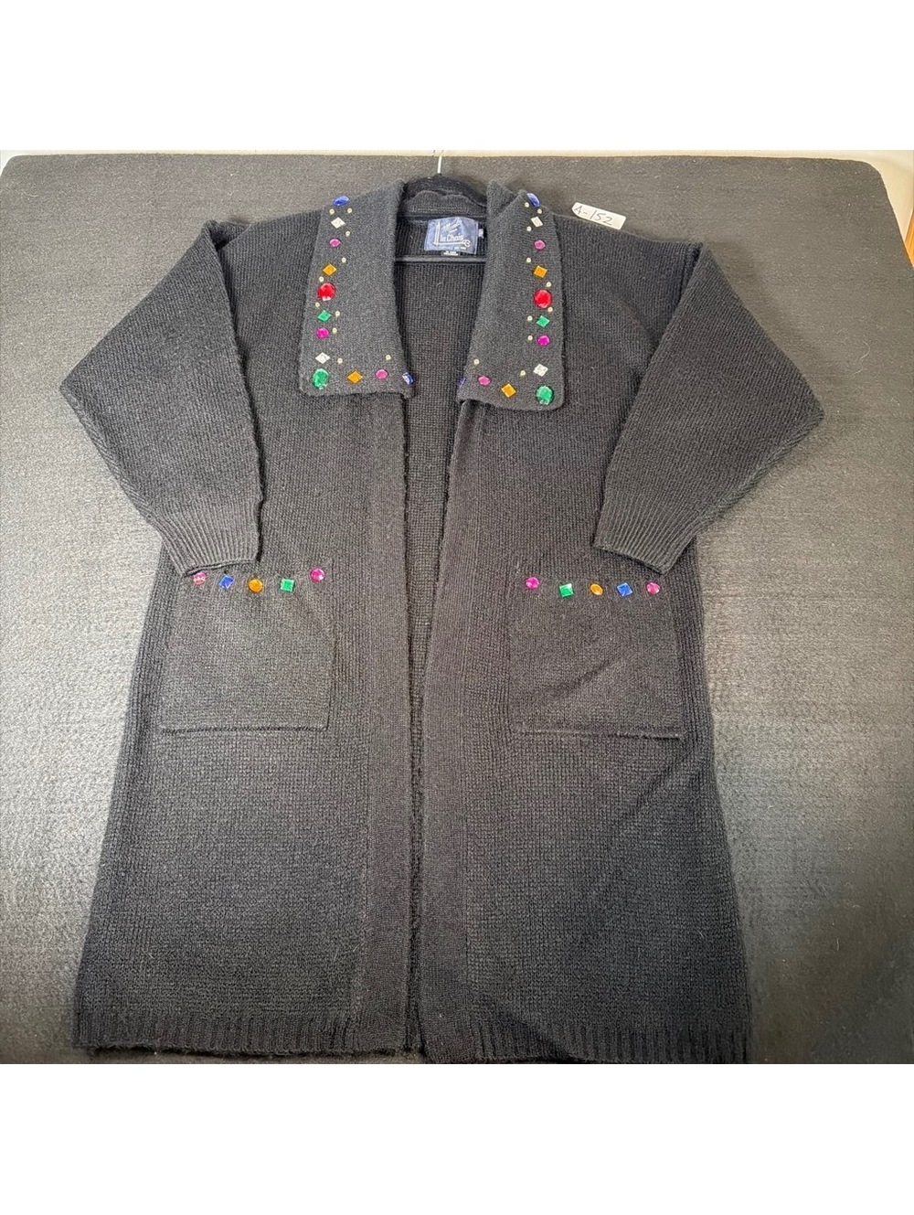 Vintage 80s Le Chois Women M Black Jeweled Rhinestone Long Cardigan Sweater